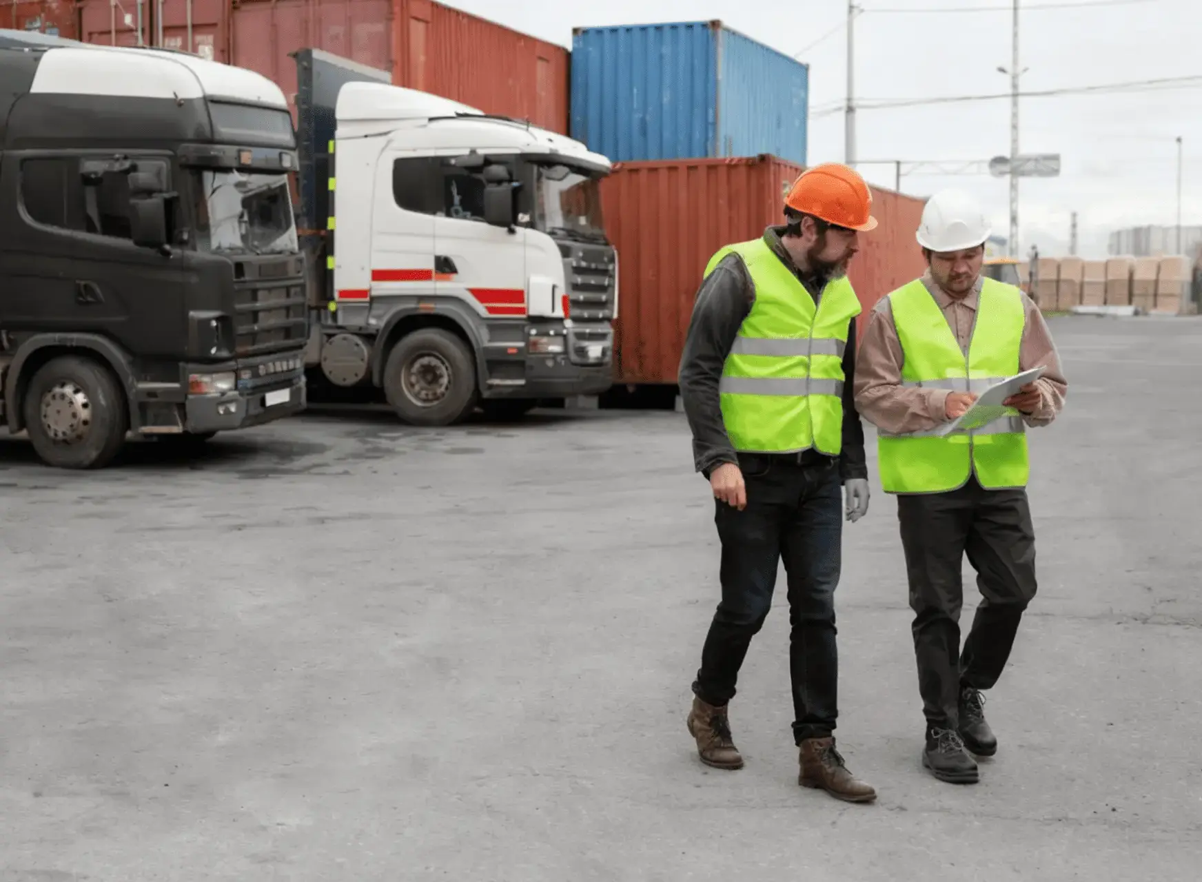 Deux hommes en tenue de travail sur un quai avec des camions et des containers