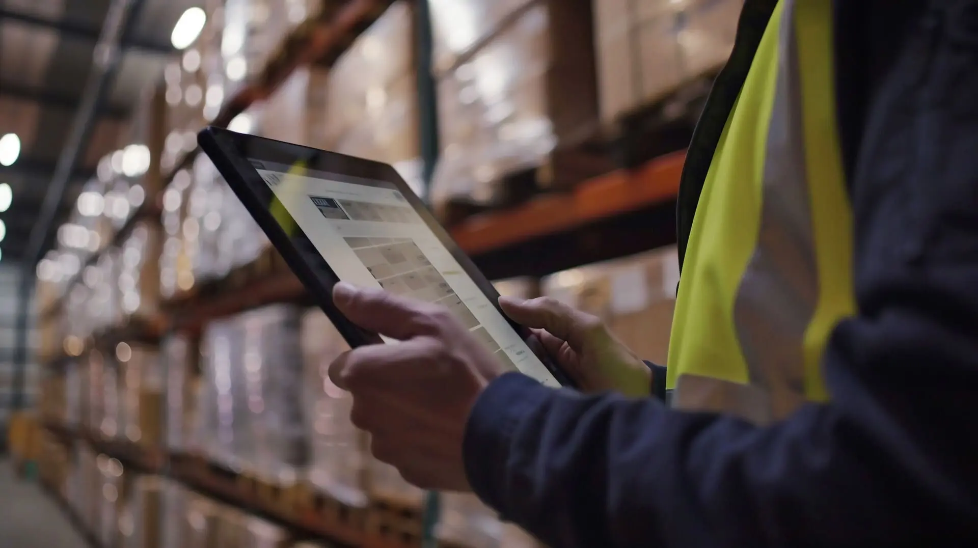 Personne tenant une tablette dans un entrepôt