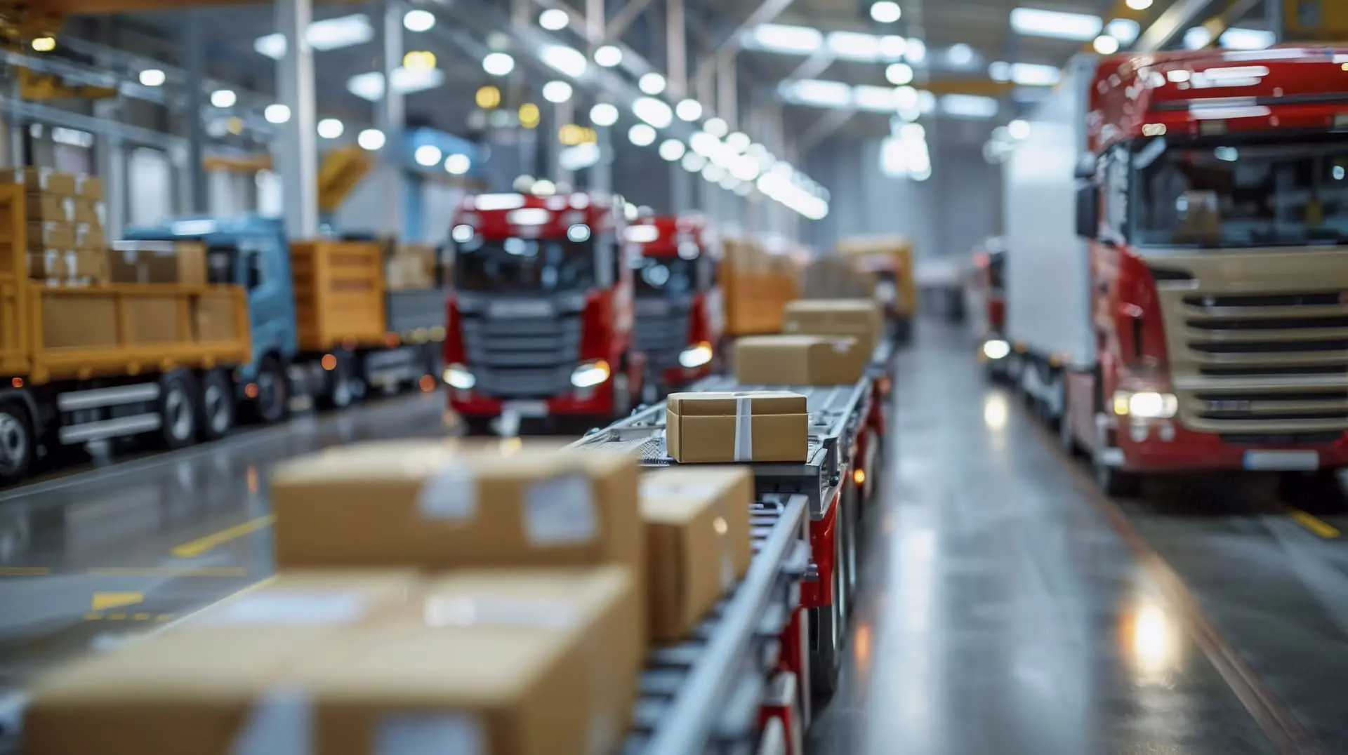 Entrepôt avec des marchandises sur un tapis roulant et des camions à proximité