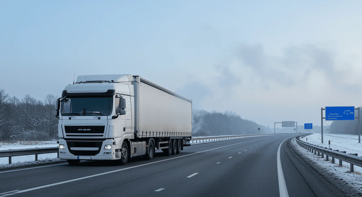 Camion frigorifique sur la route entouré de neige